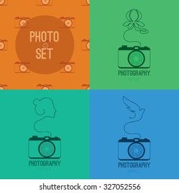 Set of photos blue, green symbol icon with silhouette of flower water lily, woman face, bird and orange seamless pzttern with cameras Vector illustration eps 10