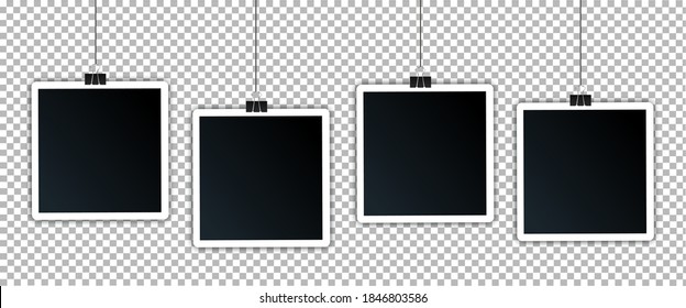 A set of photos on stationery clips. Frames for pictures are hung on a string. Mock up instant photo.
Album for photos on a transparent background, vector illustration.Isolated images with a shadow.