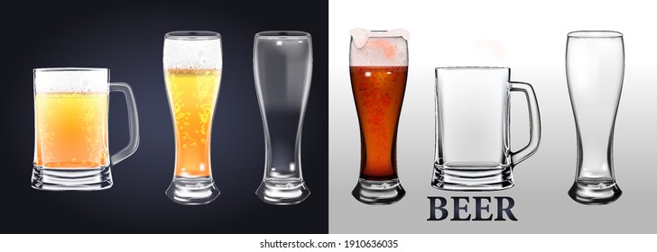 A set of photos of realistic beer mugs isolated on a transparent background. One empty mug and one full mug. Glass full with blond beer and foam. Transparent realistic elements. Vector illustration.