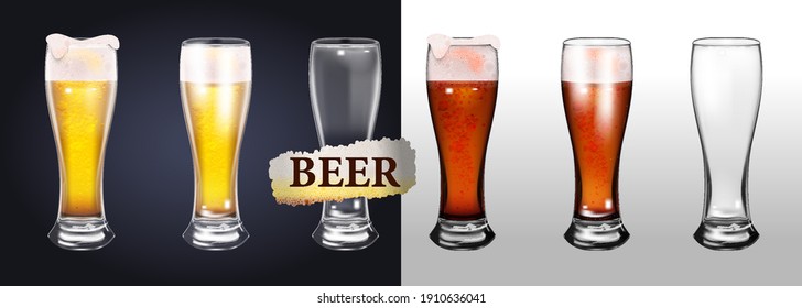 A set of photos of realistic beer mugs isolated on a transparent background. One empty mug and one full mug. Glass full with blond beer and foam. Transparent realistic elements. Vector illustration.