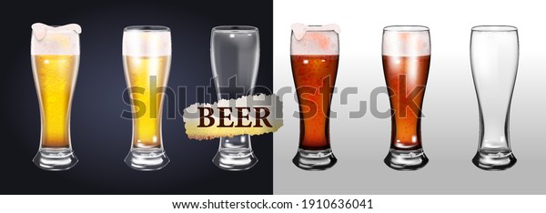 A set of photos of realistic beer mugs
isolated on a transparent background. One empty mug and one full
mug. Glass full with blond beer and foam. Transparent realistic
elements. Vector
illustration.