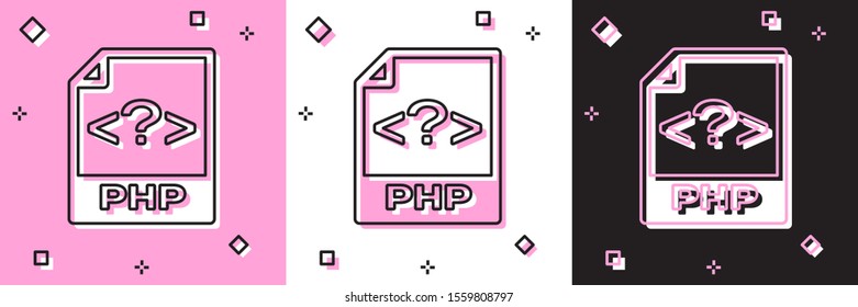 Set PHP file document. Download php button icon isolated on pink and white, black background. PHP file symbol.  Vector Illustration