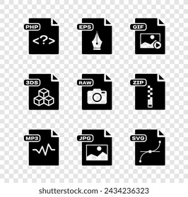 PHP-Dateidokument, EPS, GIF, MP3, JPG, 3DS und RAW-Symbol einstellen. Vektor