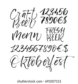 Set of phrase: craft beer, menu, fresh beer, Oktoberfest and numbers. Ink illustration. Modern brush calligraphy. Isolated on white background.