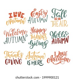 Set of phrases about autumn, in colored letters, in vector graphics, on a white background. For the design of posters, postcards, prints for mugs, t-shirts, bags, notebook covers.