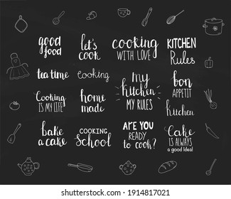 Conjunto de frases sobre cocina. Colección ideal para cocineros, amantes de la comida y decoradores. Texto blanco sobre fondo negro. Se puede usar como pegatinas, impresiones para afiches, cuadernos, libros, tazas, ropa, paredes.