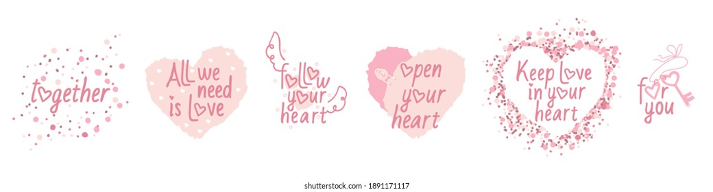 A set of phrases about love, with decorative elements, for stickers, banners and cards for Valentine's Day. Inscription. Vector illustration