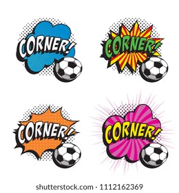 set of phrases corner on various speech bubbles and soccer balls in retro comic style on white background