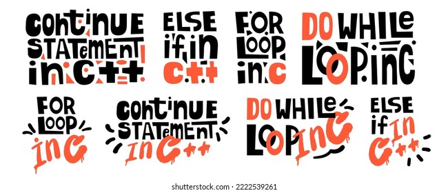 Set with Phrases in English for programmers and coders. Banner programming, coding, best programming language c++. Development and software concept. Vector illustration.