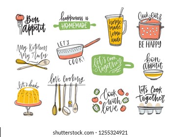 Conjunto de frases escritas a mano con letra cursiva y decoradas con artículos de cocina y alimentos. Conjunto de letras y herramientas para cocinar o preparar comidas caseras. Ilustración vectorial.