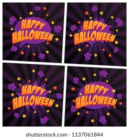 set of phrases happy halloween in retro comic style on dark background with radial lines