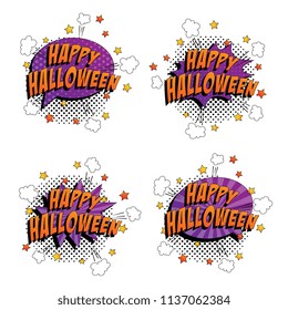 set of phrases happy halloween in retro comic style on white background with halftone shadows