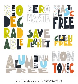 Un conjunto de frases y lemas sobre un estilo de vida ecológico. Ilustración vectorial.