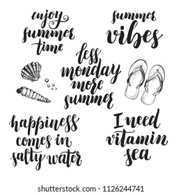 Set of phrases for summer and sea themes. Modern brush calligraphy lettering and hand-drawn design elements. Motivating quotes.