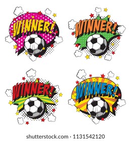 set of phrases winner on various speech bubbles and soccer balls in retro comic style on white background