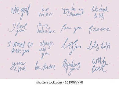 Set phrases and words hand written for valentines day, wedding or holiday