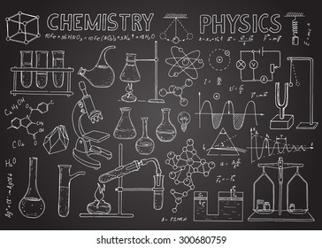 Conjunto de equipamentos físicos e químicos. Ícones de desenho de mão vetorial no quadro-negro. Fundo vintage. Ilustração linear. De volta à escola.