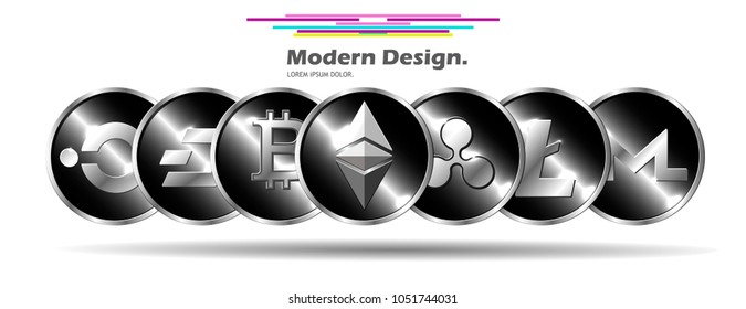 Set of physical crypto coins with ethereum in front of others. Modern vector cryptocurrency illustration.
