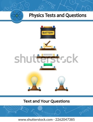 Set of physical devices for measuring electric current, potential, the voltage in an electrical circuit. Electrical appliances. Icon of electric current source, resistor, coil, battery, lightbulbs.
