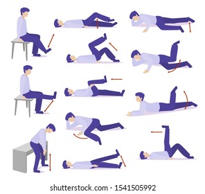 A set of physical exercises for the body. A man goes in for sports in a cartoon style.