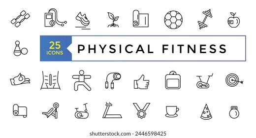 Set of physical fitness icons related to wellness, wellbeing, mental health, healthcare, cosmetics, spa, medical. Outline icon collection.