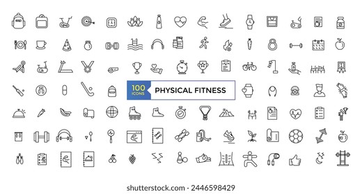 Set of physical fitness icons related to wellness, wellbeing, mental health, healthcare, cosmetics, spa, medical. Outline icon collection.