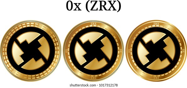 Set of physical golden coin 0x (ZRX), digital cryptocurrency. 0x (ZRX) icon set. Vector illustration isolated on white background.