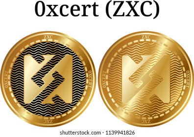 Set of physical golden coin 0xcert (ZXC), digital cryptocurrency.  icon set. Vector illustration isolated on white background.