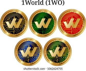 Set of physical golden coin 1World (1WO), digital cryptocurrency. 1World (1WO) icon set. Vector illustration isolated on white background.