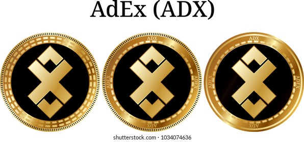 Set of physical golden coin AdEx (ADX), digital cryptocurrency. AdEx (ADX) icon set. Vector illustration isolated on white background.