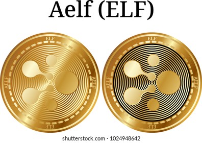 Set of physical golden coin Aelf (ELF), digital cryptocurrency. Aelf (ELF) icon set. Vector illustration isolated on white background.
