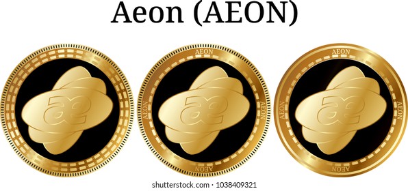 Set of physical golden coin Aeon (AEON), digital cryptocurrency. Aeon (AEON) icon set. Vector illustration isolated on white background.