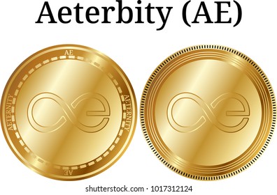 Set of physical golden coin Aeternity (AE), digital cryptocurrency. Aeternity (AE) icon set. Vector illustration isolated on white background.