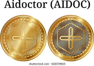 Set of physical golden coin Aidoctor (AIDOC), digital cryptocurrency. Aidoctor (AIDOC) icon set. Vector illustration isolated on white background.