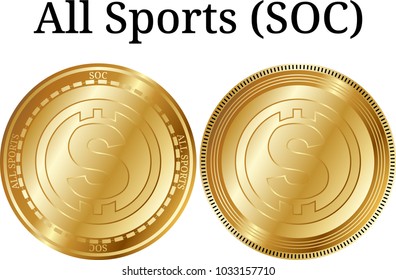 Set of physical golden coin All Sports (SOC), digital cryptocurrency. All Sports (SOC) icon set. Vector illustration isolated on white background.