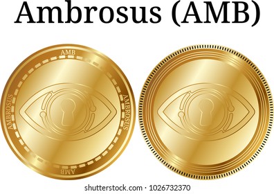 Set of physical golden coin Ambrosus (AMB), digital cryptocurrency. Ambrosus (AMB) icon set. Vector illustration isolated on white background.