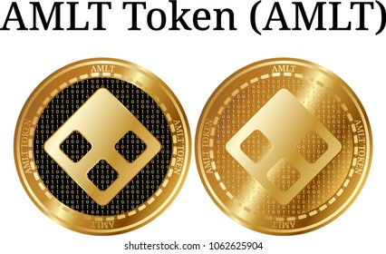 Set of physical golden coin AMLT Token (AMLT), digital cryptocurrency. AMLT Token icon set. Vector illustration isolated on white background.