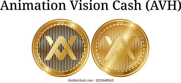 Set of physical golden coin Animation Vision Cash (AVH), digital cryptocurrency. Animation Vision Cash (AVH) icon set. Vector illustration isolated on white background.
