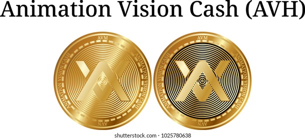 Set of physical golden coin Animation Vision Cash (AVH), digital cryptocurrency. Animation Vision Cash (AVH) icon set. Vector illustration isolated on white background.