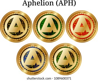 Set of physical golden coin Aphelion (APH), digital cryptocurrency. Aphelion (APH) icon set. Vector illustration isolated on white background.