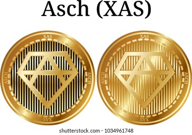 Set of physical golden coin Asch (XAS), digital cryptocurrency. Asch (XAS) icon set. Vector illustration isolated on white background.