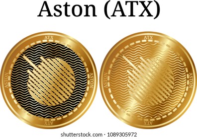 Set of physical golden coin Aston (ATX), digital cryptocurrency. Aston (ATX) icon set. Vector illustration isolated on white background.