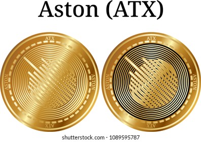 Set of physical golden coin Aston (ATX), digital cryptocurrency. Aston (ATX) icon set. Vector illustration isolated on white background.