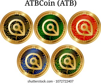 Set of physical golden coin ATBCoin (ATB), digital cryptocurrency. ATBCoin (ATB) icon set. Vector illustration isolated on white background.