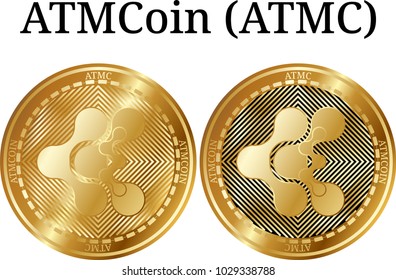 Set of physical golden coin ATMCoin (ATMC), digital cryptocurrency. ATMCoin (ATMC) icon set. Vector illustration isolated on white background.