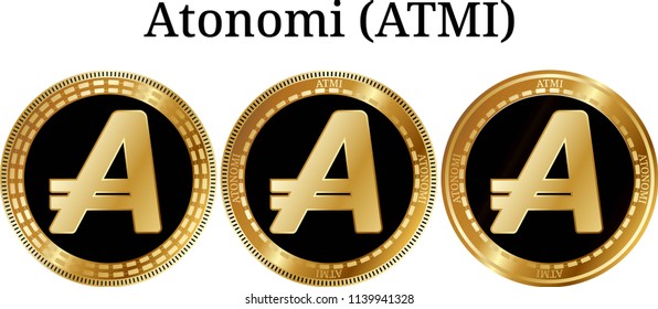 Set of physical golden coin Atonomi (ATMI), digital cryptocurrency.  icon set. Vector illustration isolated on white background.