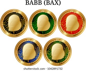 Set of physical golden coin BABB (BAX), digital cryptocurrency. BABB (BAX) icon set. Vector illustration isolated on white background.