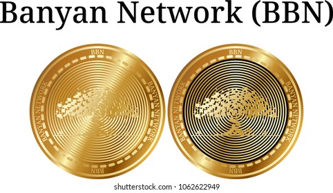 Set of physical golden coin Banyan Network (BBN), digital cryptocurrency. Banyan Network (BBN) icon set. Vector illustration isolated on white background.