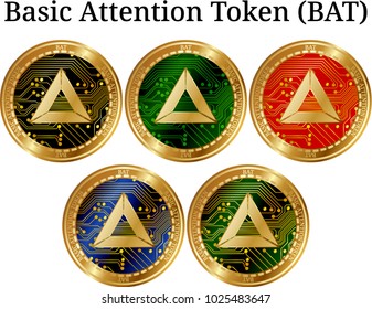 Set of physical golden coin Basic-Attention-Token (BAT), digital cryptocurrency. Basic-Attention-Token (BAT) icon set. Vector illustration isolated on white background.