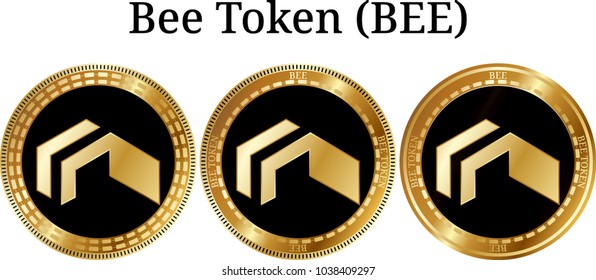 Set of physical golden coin Bee Token (BEE), digital cryptocurrency. Bee Token (BEE) icon set. Vector illustration isolated on white background.